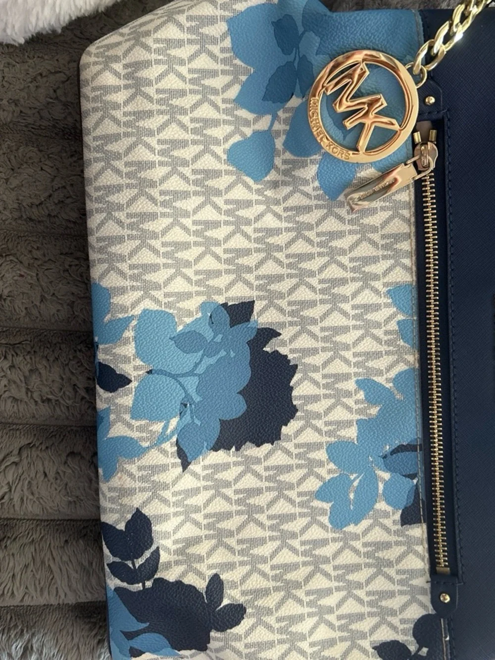 Michael Kors Blue Floral Signature Canvas Zip Tote with Gold Charm